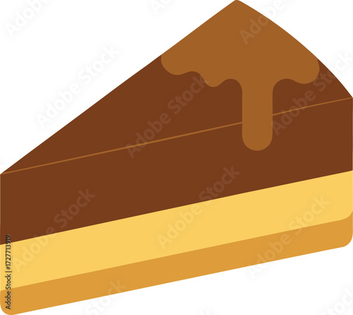 A slice of chocolate cake with caramel drizzle, presented in a flat design style, isolated on white background