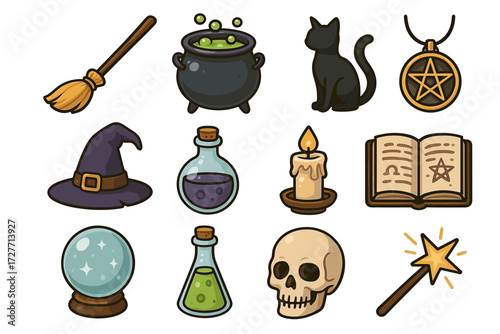 Collection of witchcraft items: wand, cauldron, skull, potion, hat, cat, and more