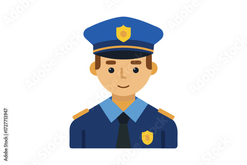 Policeman with dark hair wears a blue uniform and tie on a white background