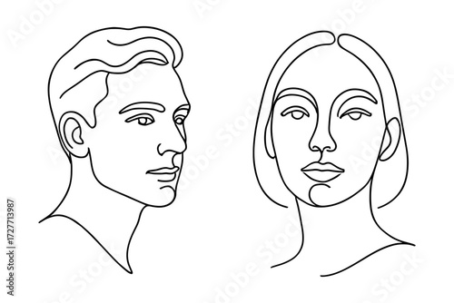 Minimalist line art portraits of man and woman in profile and front view