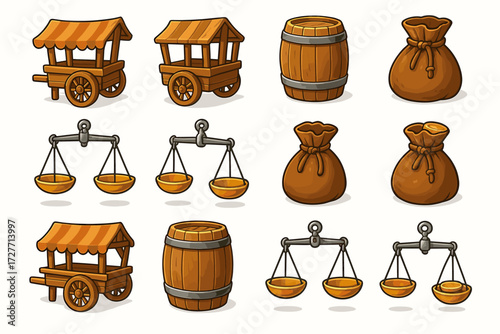 Cartoon market stalls with barrels and scales in various styles