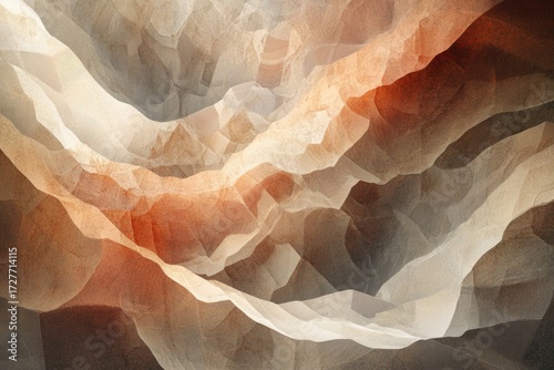 Abstract art depicting a mountainous landscape with warm, earthy tones and a textured, almost crystalline appearance.