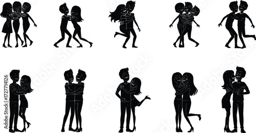 Romantic couple silhouettes, hugging, kissing, dancing, holding hands, love poses, relationship bond, intimacy, affection, black vector illustration design