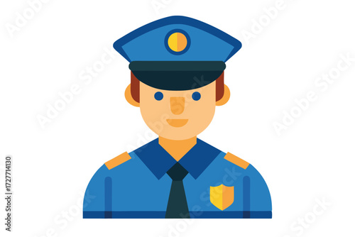 A fair skinned policeman with a blue uniform and hat stands confidently facing forward