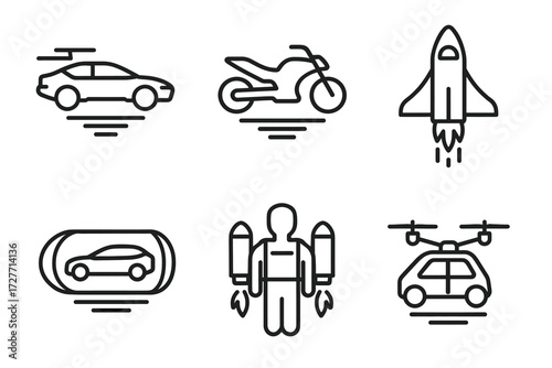 Futuristic transportation icons: cars, motorbike, rocket, jetpack, drone, hyperloop
