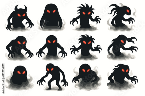 Collection of shadowy figures with glowing eyes in various menacing poses