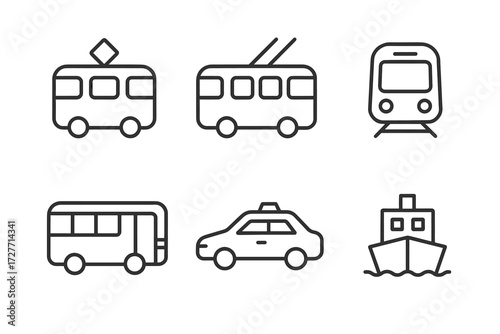 Minimalist icons of urban transport: bus, train, taxi, boat, tram, trolleybus