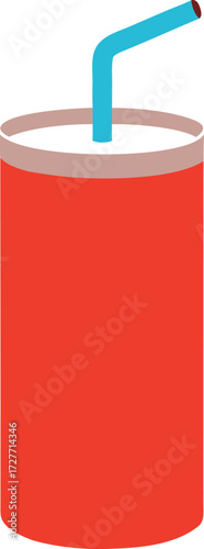 A tall red and blue soda cup with a blue straw, isolated on a white background