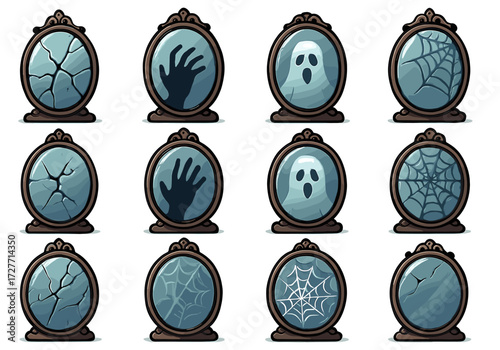 Set of spooky mirrors with cracks, shadows, ghosts, and cobwebs in halloween theme