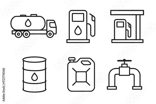 Fuel and oil icons: tanker truck, pump, barrel, can, valve line art