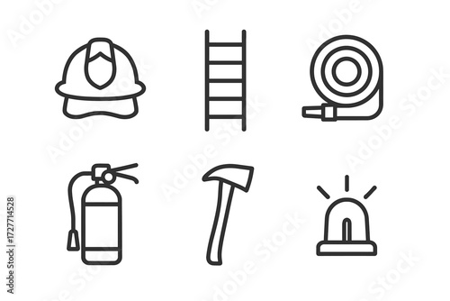 Firefighting tools icons: helmet, ladder, hose, extinguisher, axe, siren