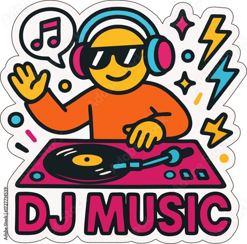 Colorful DJ music sticker with disc jockey, turntable, headphones, musical notes, and sparkling stars on a vibrant purple background.