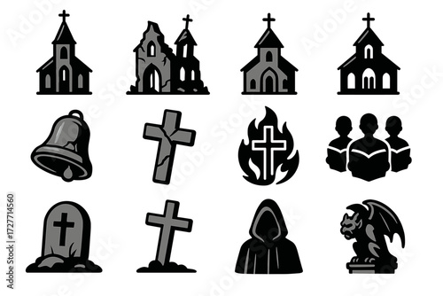Gothic church icons: crosses, gargoyle, bell, hooded figure, cemetery symbols