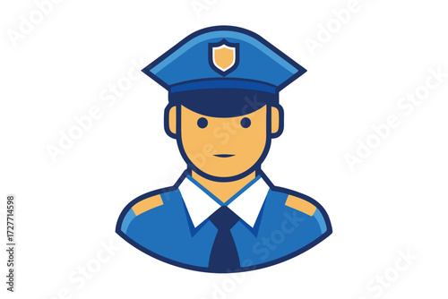 Cartoon policeman stands wearing his blue uniform and hat with a shield icon