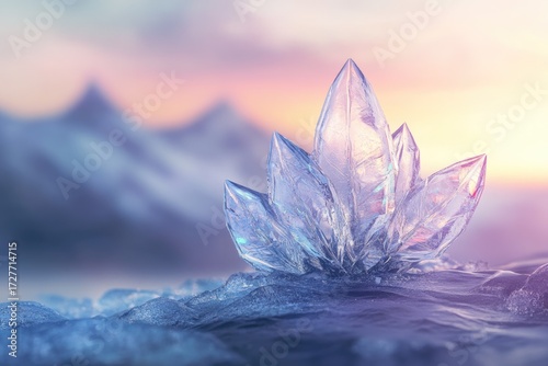 A crystalline structure resembling a flower blossoms on icy water against a backdrop of majestic mountains at sunset.