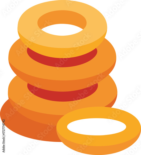 A stack of colorful orange donuts or bagels with a hole in the middle, isolated on a white background