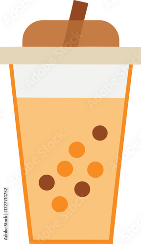 A tall glass of bubble tea with tapioca pearls and a straw, isolated on a white background
