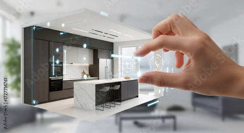 Woman uses augmented reality to design modern kitchen. Smart home interior control with futuristic holographic interface. Digital architecture project.