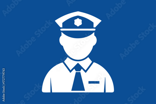White silhouette depicts a security officer wearing a cap against a solid blue background