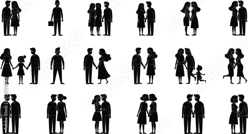Silhouette illustrations of couples and families, human relationships, love, parenting, emotional bonds, social connection, affection, vector art, lifestyle design
