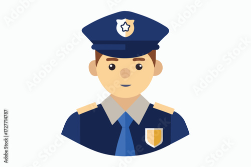 Flat design depicts a smiling police officer in his dark blue uniform outfit
