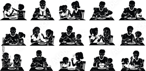 Silhouette illustrations of parents feeding children, family mealtime moments, nurturing care, bonding, eating together, parenting love, child nutrition, vector design art