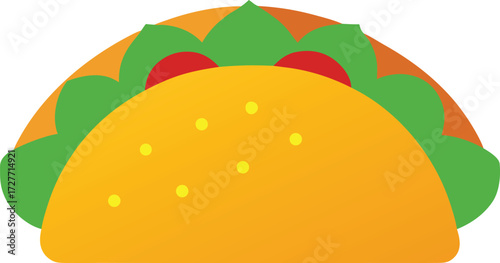 Stylized illustration of a taco with lettuce, tomato, and cheese, isolated on white background