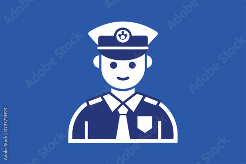 White police officer icon with navy uniform displays against a blue background