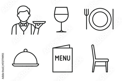 Restaurant symbols: waiter, wine glass, plate, cloche, menu, chair icons