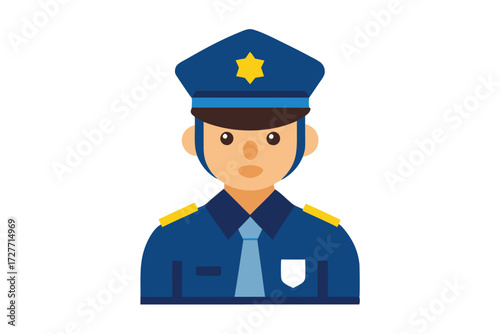 Simple avatar shows a flat style police officer with dark brown hair
