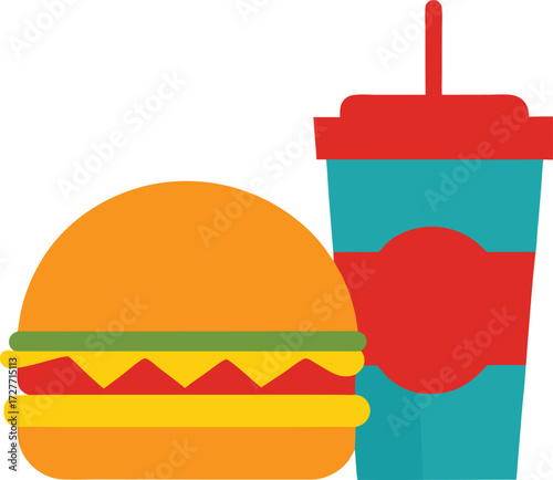A colorful flat illustration of a hamburger and a soda cup, isolated on a white background, representing fast food and a meal