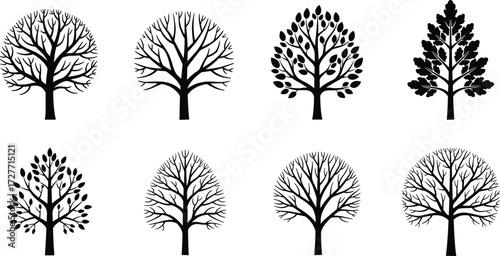 Tree silhouettes set, diverse branching patterns, seasonal foliage variations, botanical illustration, natural forest elements, decorative plants, abstract vector art design