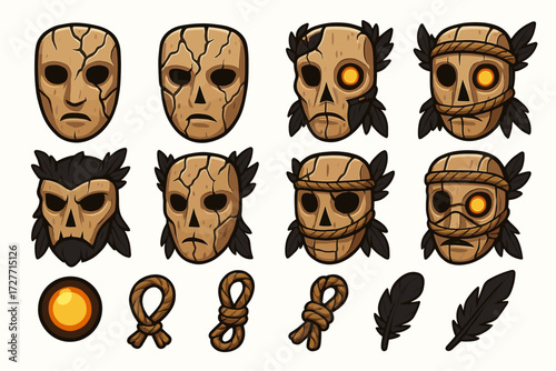 Stylized wooden masks with unique feathers and ropes collection