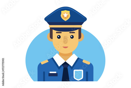 Cartoon police officer in a blue uniform with a neutral facial expression and light blue background