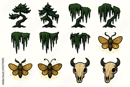 Nature and mystery: trees, moss, moths, and skulls