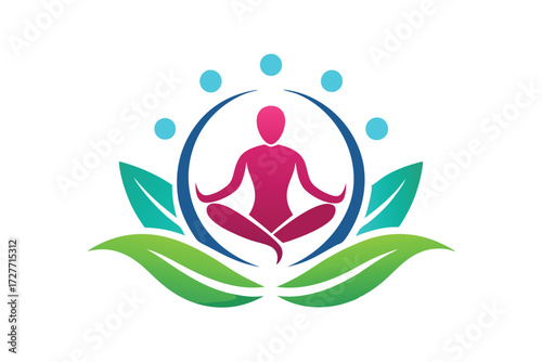 Pink human form in lotus position surrounded by green leaves and blue circles