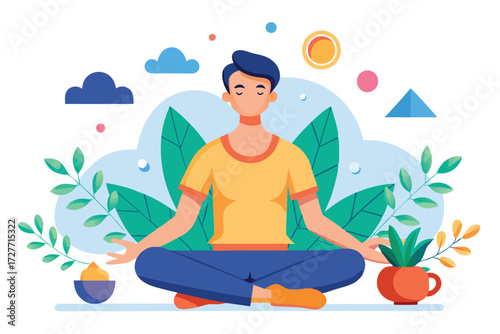 Meditating woman with blue hair sits cross legged amidst plant life and geometric shapes