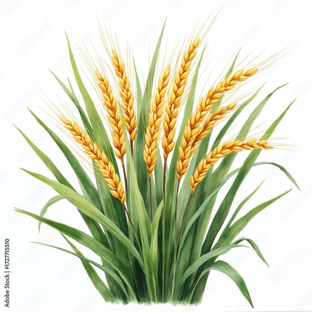 Fototapeta premium Watercolor illustration of ripe golden wheat stalks with green leaves. This artwork is isolated on white, ideal for agricultural themes, food, or natural elements designs.