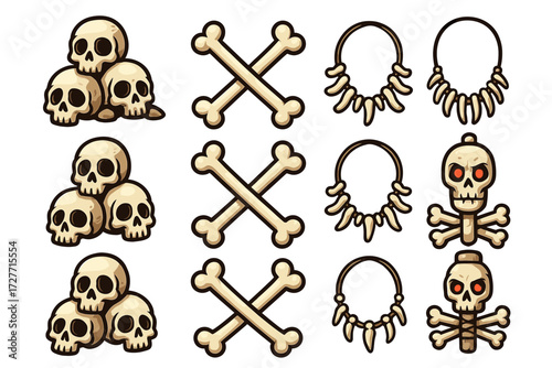 Halloween skulls and bones pattern with crossbones and necklaces