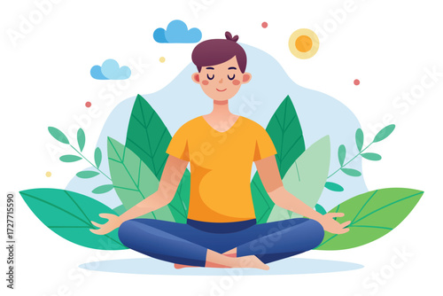 Serene brunette woman meditating in lotus position with green leaves behind her evokes tranquility