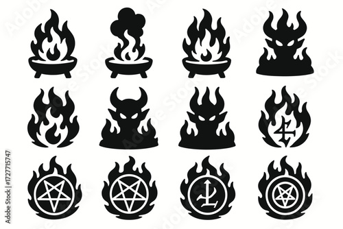 Collection of fiery cauldron and demon silhouettes with occult symbols