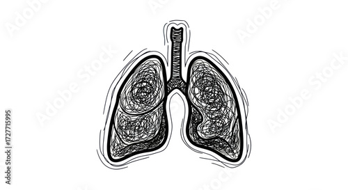 Hand-drawn black and white illustration of human lungs with a sketchy scribbled texture suggesting disease or pollution.