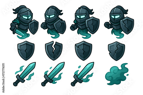 Futuristic ghost knights and weapons set with shields and swords