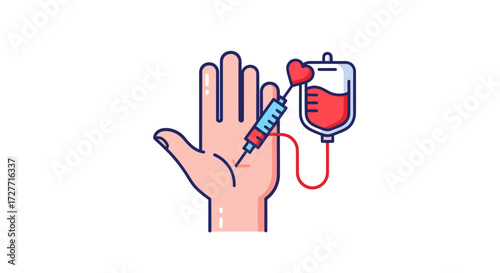 Cartoon Illustration of Hand Receiving Blood Transfusion Treatment.