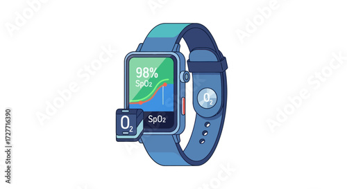 Modern blue smartwatch with a health tracking app displaying blood oxygen SpO2 levels on the screen.