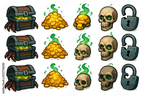 Treasure chest, golden coins, skulls, and locks gaming icons collection
