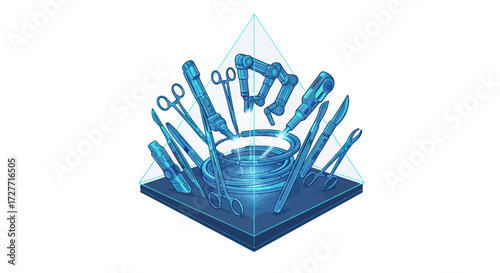 Futuristic Blue Digital Surgical Instruments and Medical Tools.
