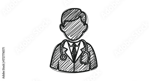 Hand-drawn sketch of a doctor with a stethoscope and suit.