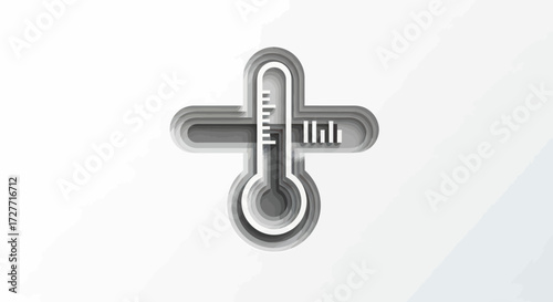 Monochrome 3D layered icon of a thermometer inside a medical plus sign symbol.