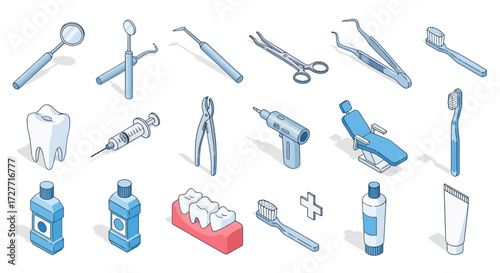 Isometric Dental Tools and Hygiene Products Collection Line Art.